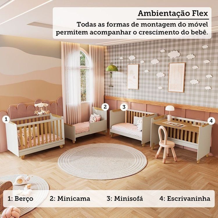Berço Minicama 4 em 1 Americano 100% MDF Levy Espresso Móveis Bege/Off-White/Amêndoa