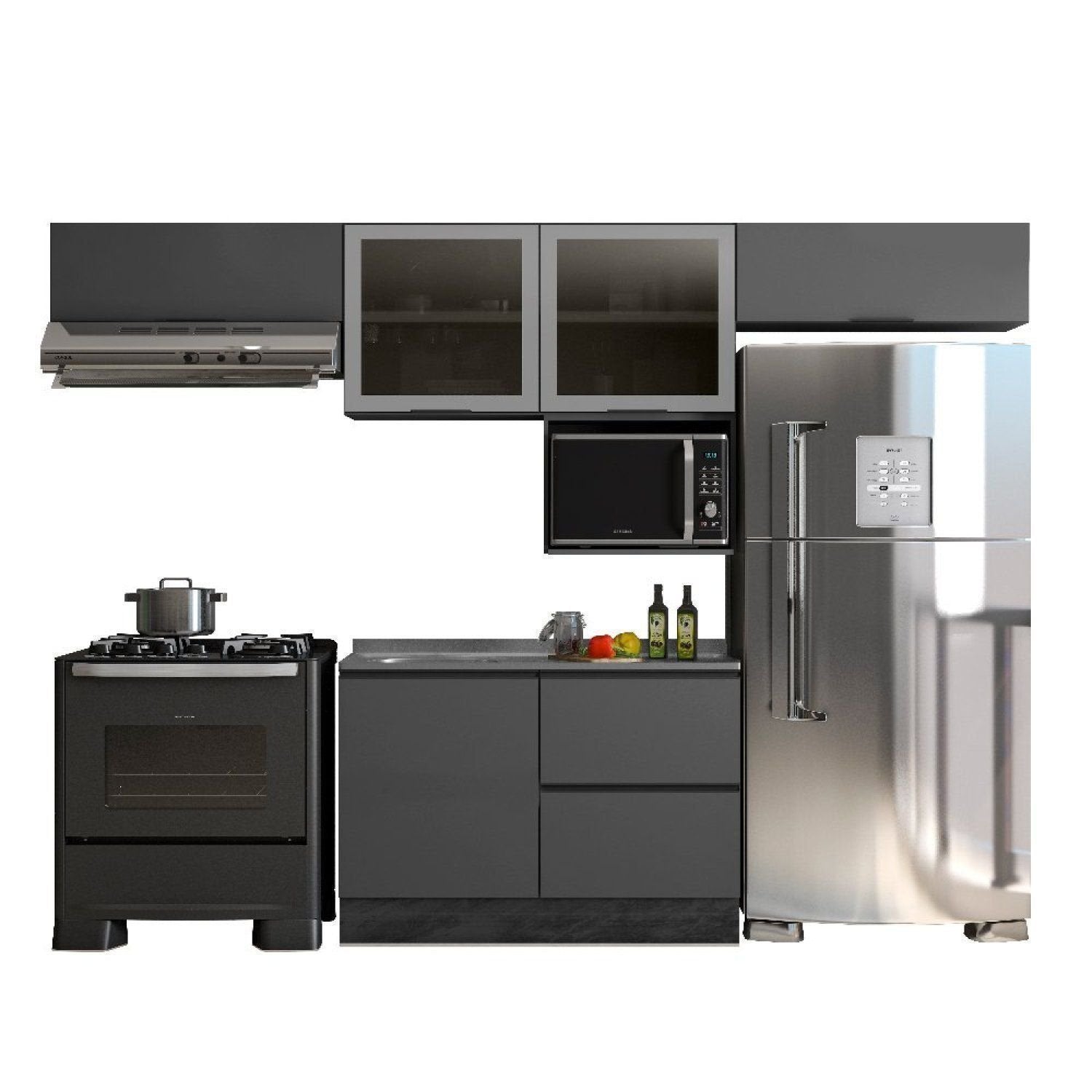 Cozinha Completa Modulada 5 Peças com Nicho para Micro-Ondas e Balcão para Pia sem Tampo Etna Poliman Móveis Grafite/Preto