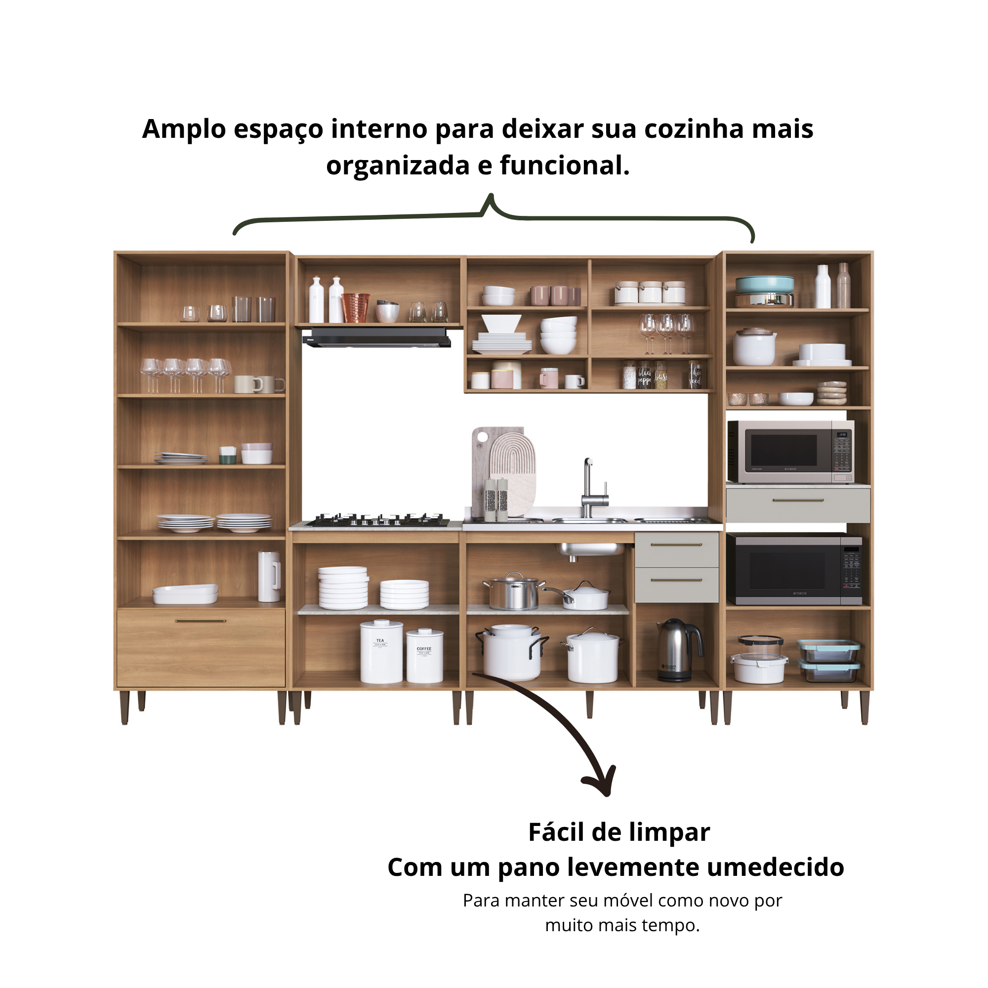 Cozinha Modulada Completa 6 Peças Cristaleira 12 Portas 3 Gavetas Jade Marrom/Freijó/Arenas Delmarco Móveis