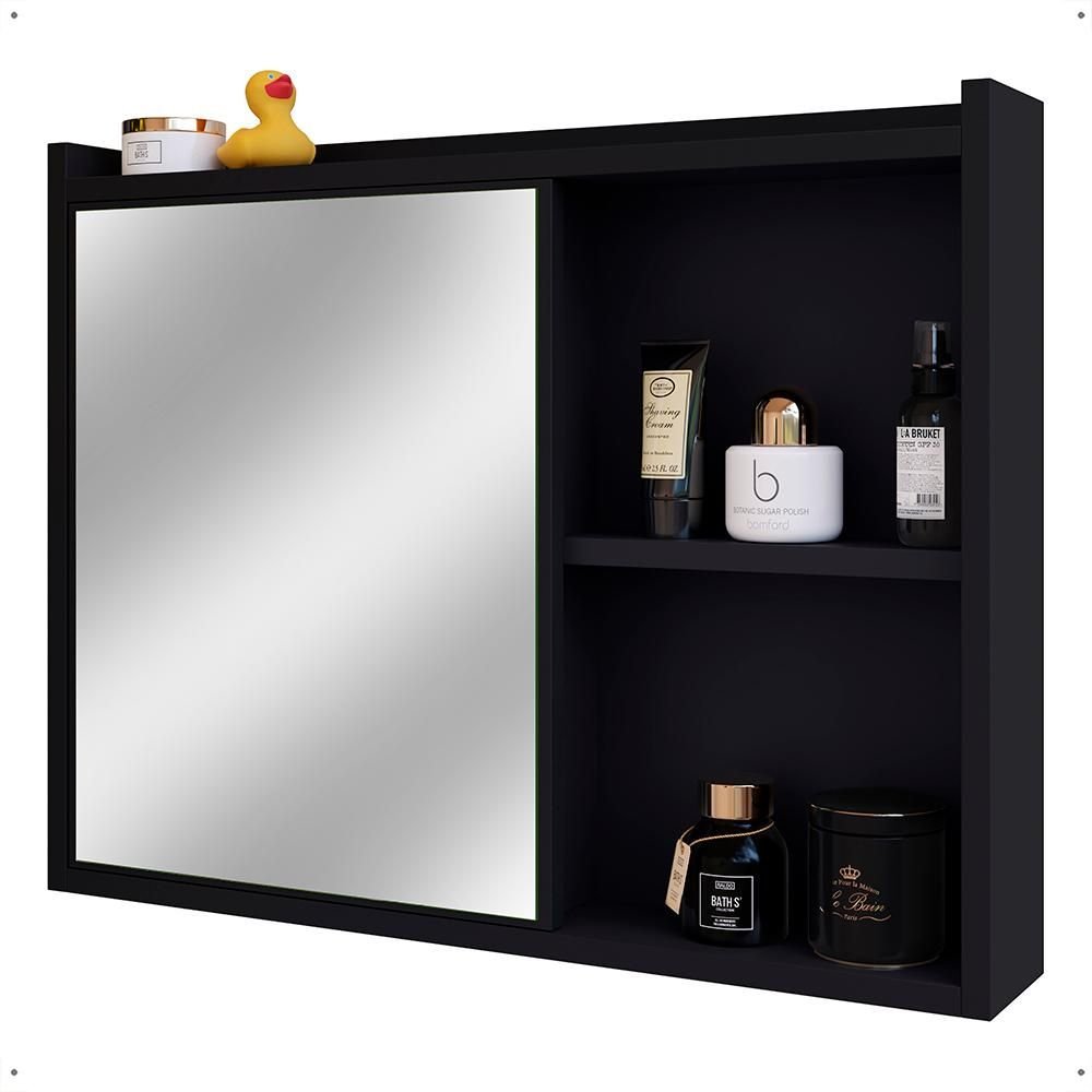 Espelheira para Banheiro Suspensa Luxo DESAN 1 Porta com Prateleira 60cm Preto