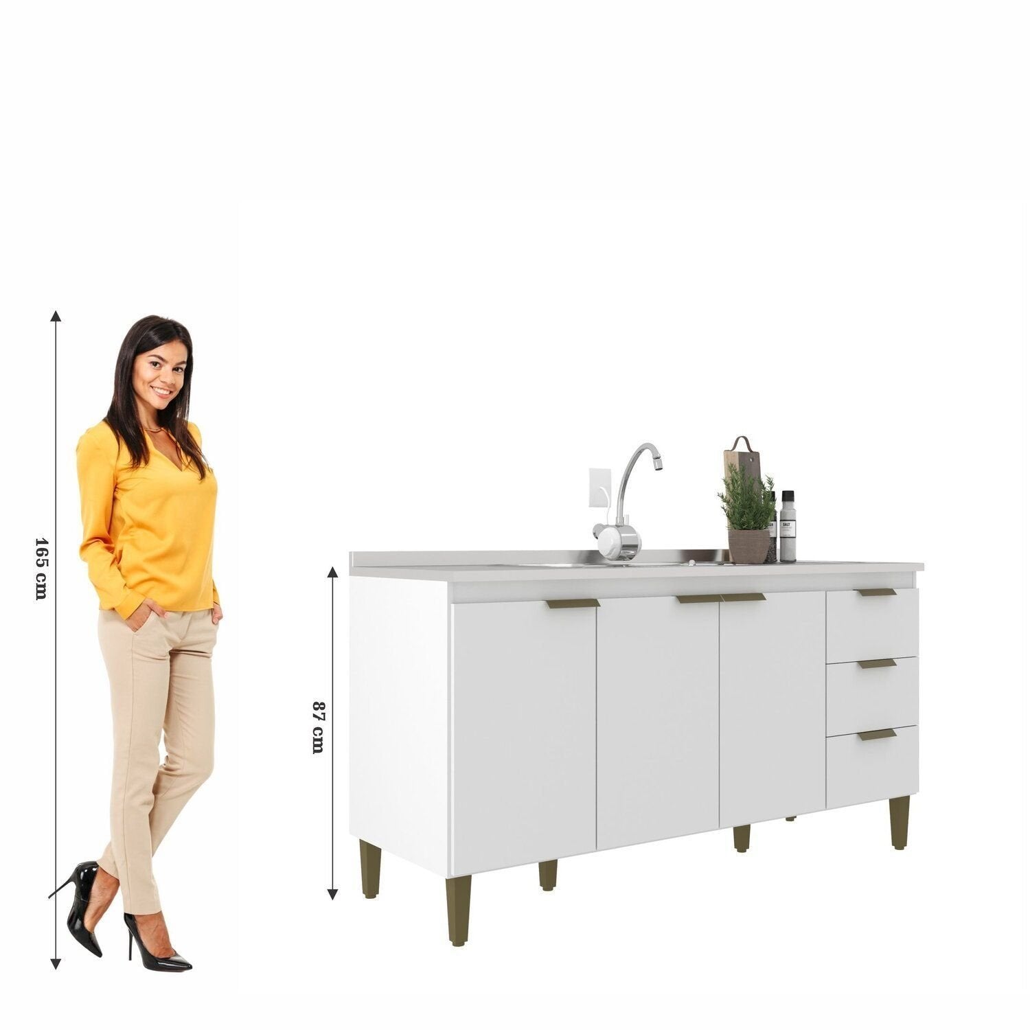 Balcão de Cozinha para Pia 3 Portas 3 Gavetas 160cm sem Tampo Sara J Carvalho Branco