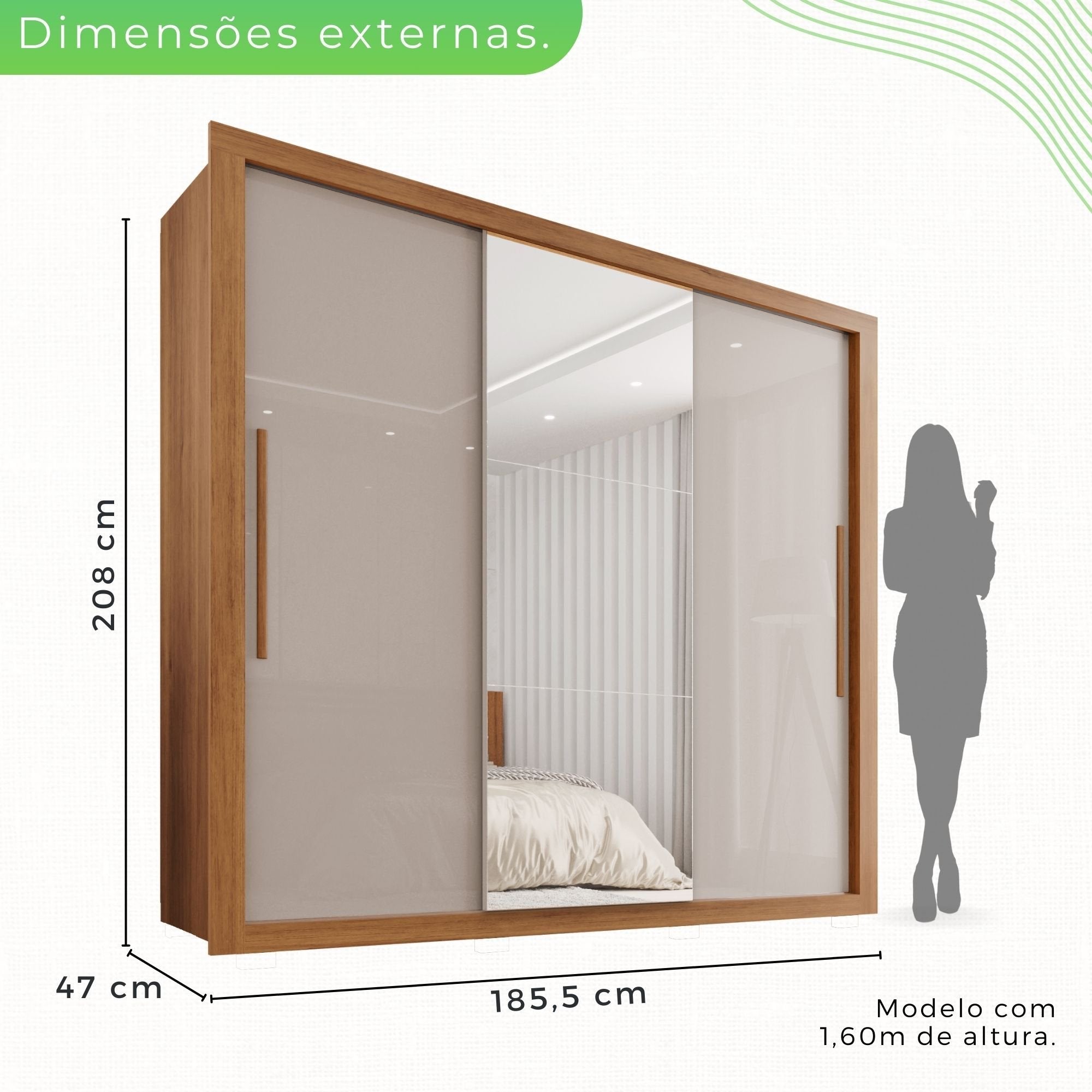 Guarda-Roupa Casal 3 Portas com Espelho 4 Gavetas Costa Rica Cinamomo Off-White Sallêto Móveis