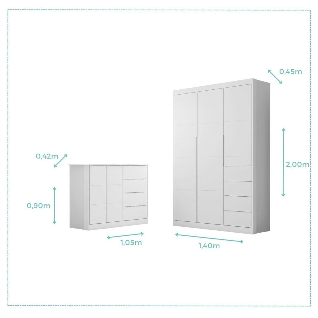 Quarto Infantil Completo Guarda-Roupa 3 Portas 4 Gavetas e Cômoda 4 Portas Eloá Branco Phoenix Baby