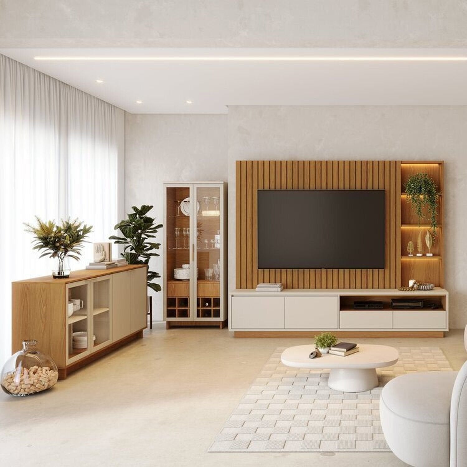 Conjunto Sala de Estar Home Theater Ripado para TV até 82 Polegadas 240cm com LED Cristaleira e Buffet 4 Portas Colibri Marrom Freijó/Off White Matte