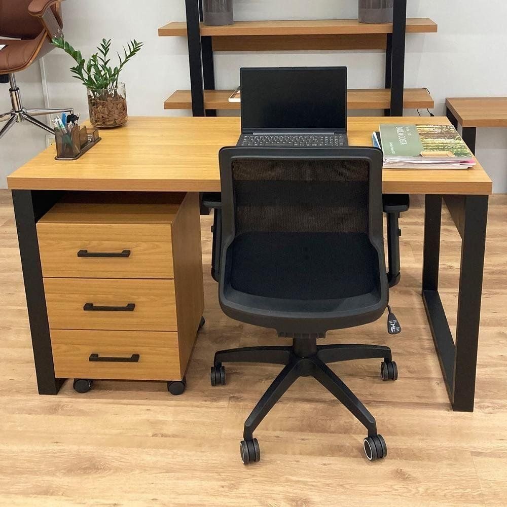 Mesa Escrivaninha com Gaveteiro 3 Gavetas 135cm 100% MDF Pradel E Preto Fosco com Freijó