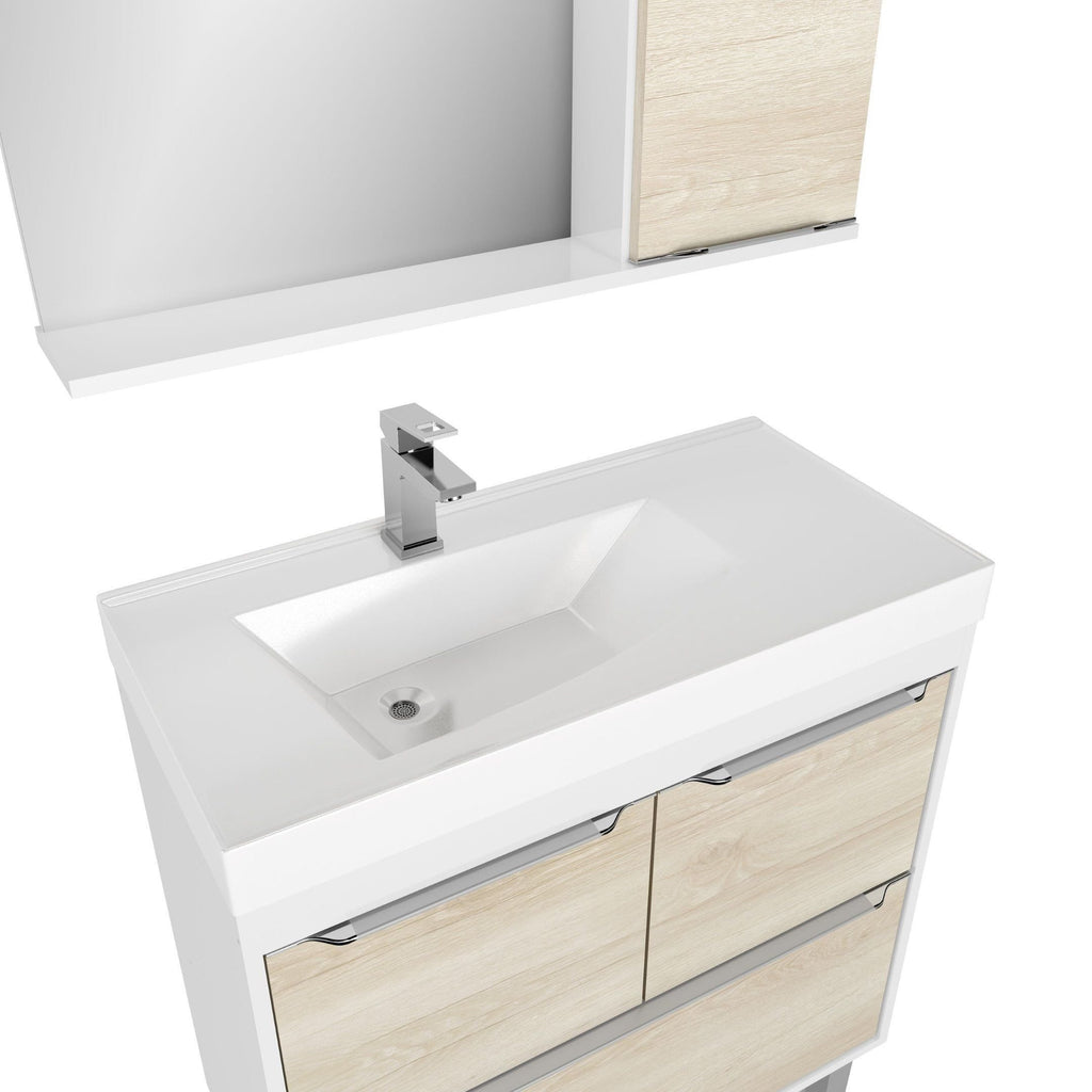 Conjunto para Banheiro Gabinete Suspenso com Cuba e Espelheira LED Malibu Ozini 80cm Branco/Legno Crema