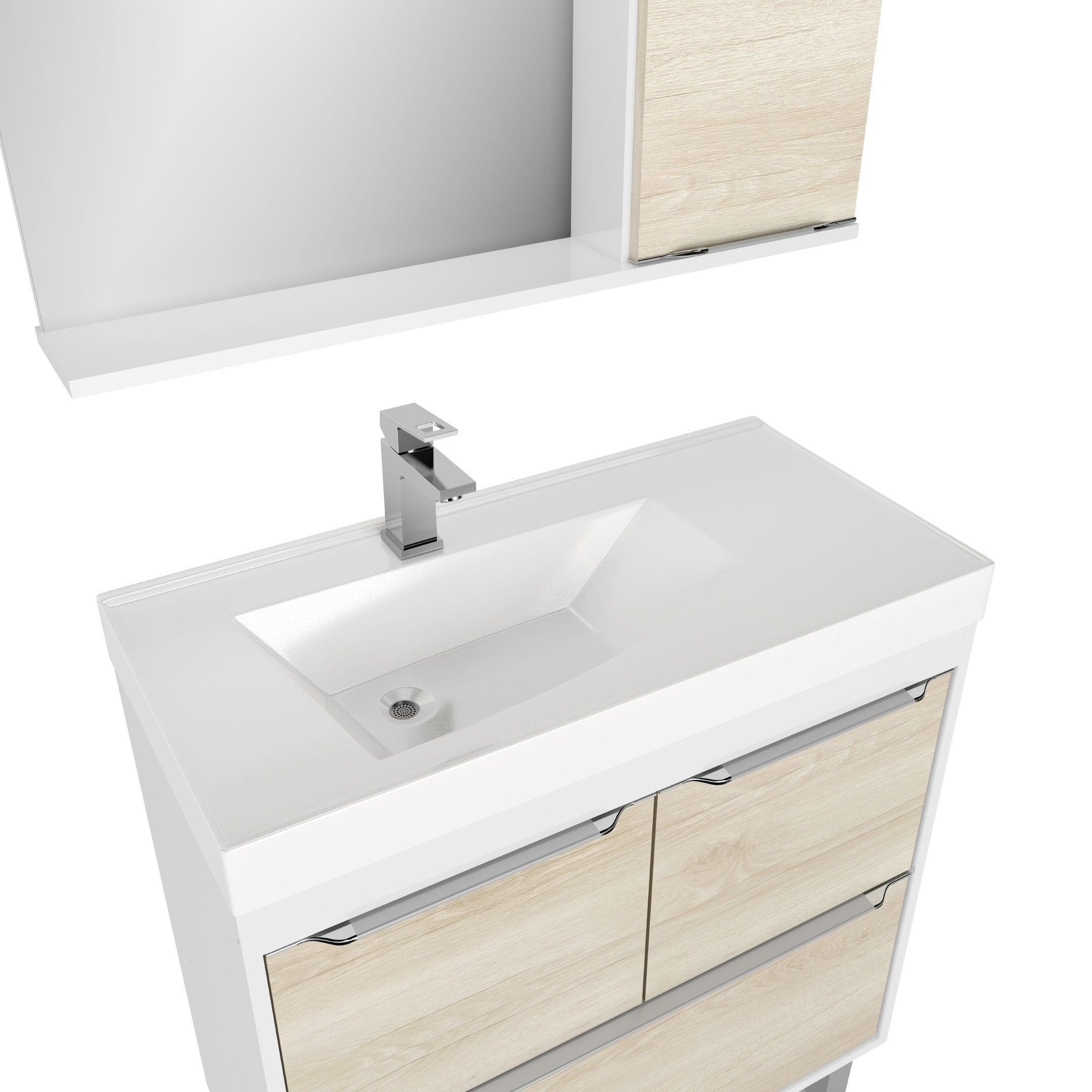 Conjunto para Banheiro Gabinete Suspenso com Cuba e Espelheira LED Malibu Ozini 80cm Branco/Legno Crema