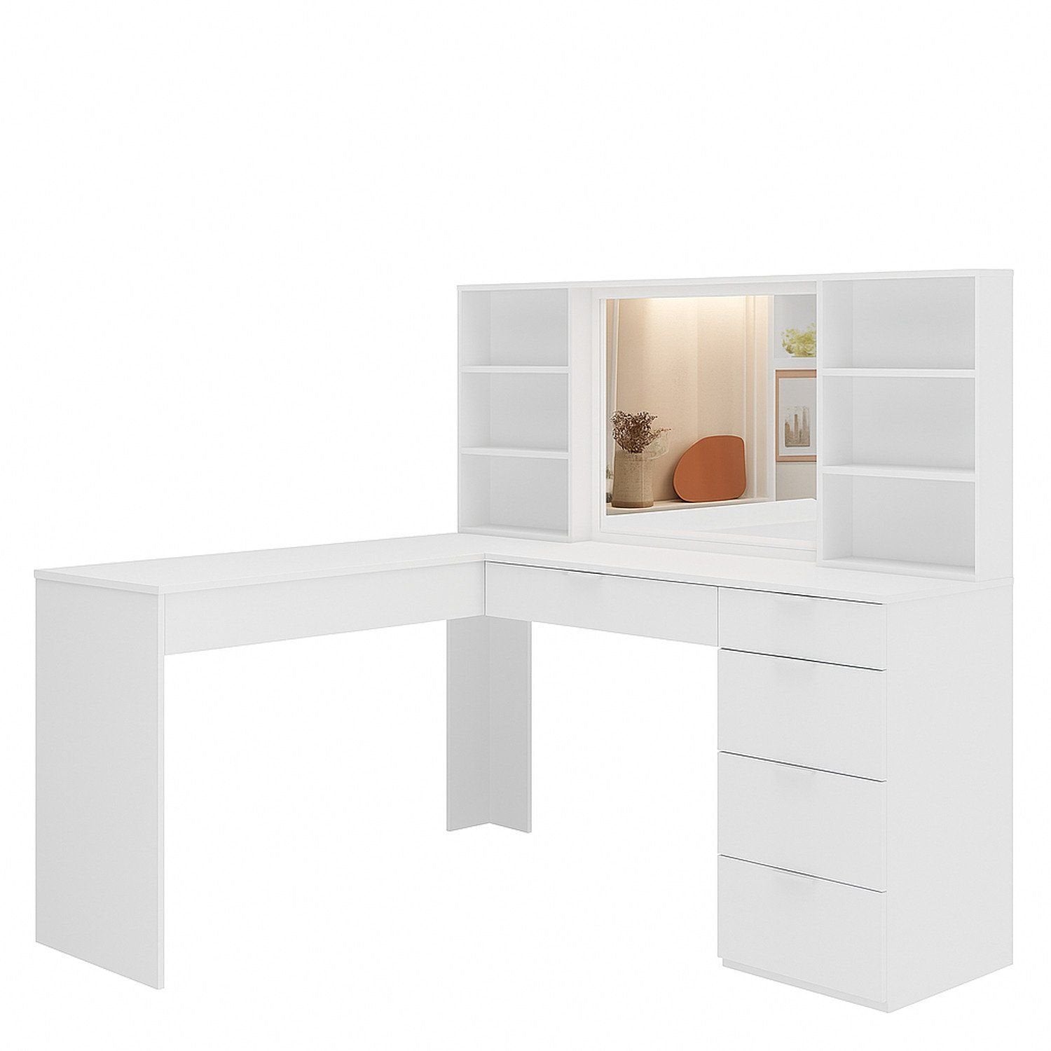 Penteadeira Escrivaninha em L com Espelho LED 5 Gavetas 6 Nichos Foscarini Branco