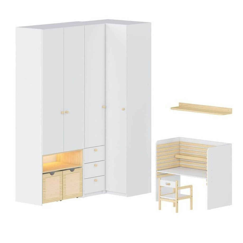 Conjunto Infantil Mesa e Cadeira Evolutiva, Prateleira e Guarda-Roupa Modulado Wave Casatema MadeiraOriginals Branco/Marrom