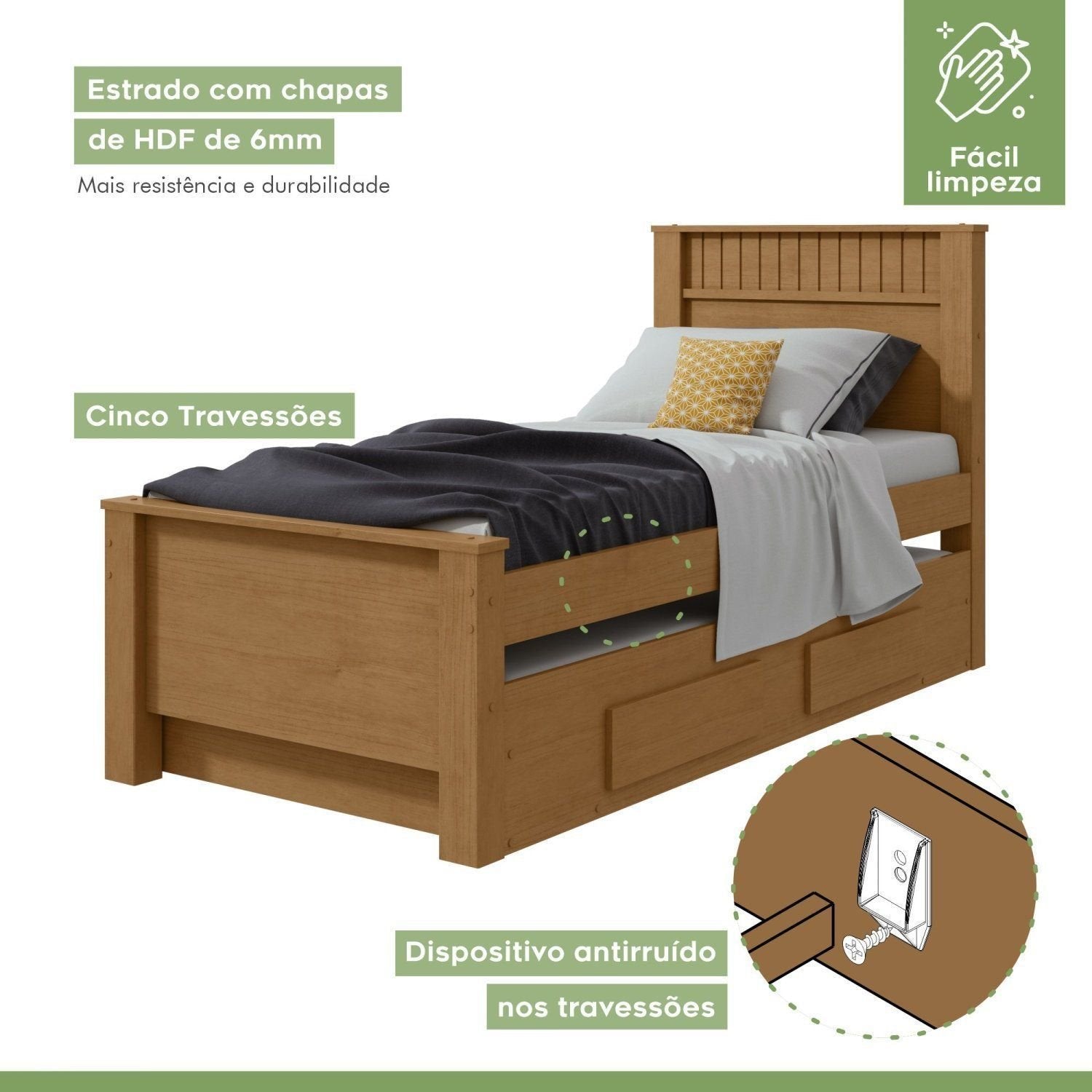 Bicama Solteiro com 2 Gavetas Athenas Móveis Lopas Marrom Amêndoa Clean/Off White