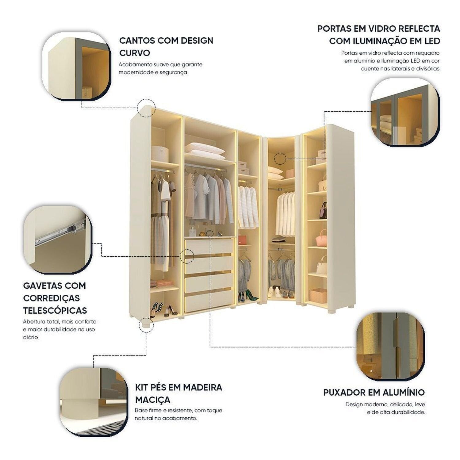 Guarda-Roupa Modulado Reflecta Innova 260cm x 240cm Mod 002 100% MDF Gelius Móveis Off White
