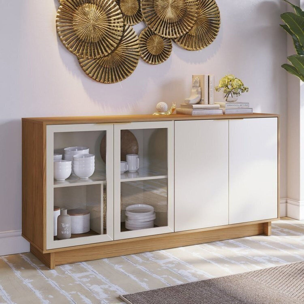 Conjunto Sala de Estar Home Theater Ripado para TV até 82 Polegadas 240cm com LED Cristaleira e Buffet 4 Portas Colibri Marrom Freijó/Off White Matte