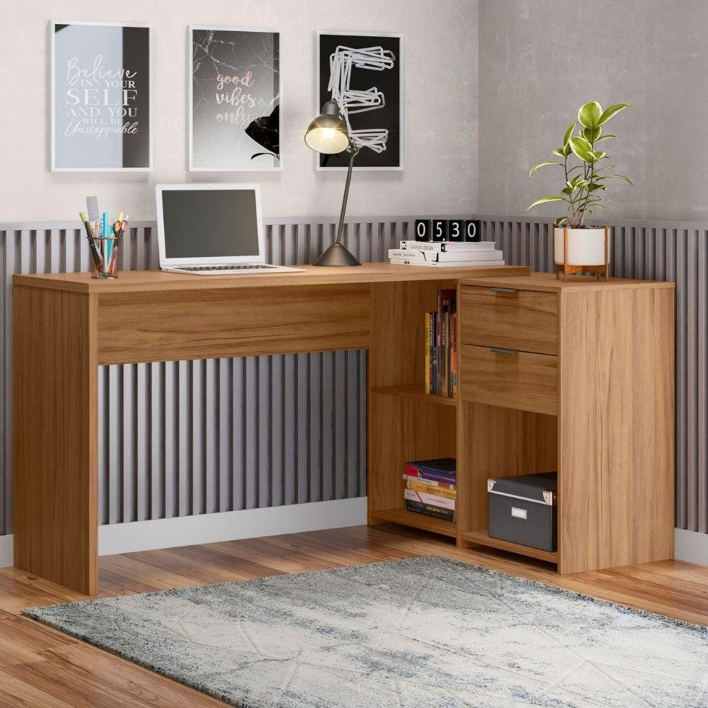 Escrivaninha Mesa Escritório em L Notável Office Tampo Giratório 2 Gavetas 3 Nichos 148,6cm Freijó Trend