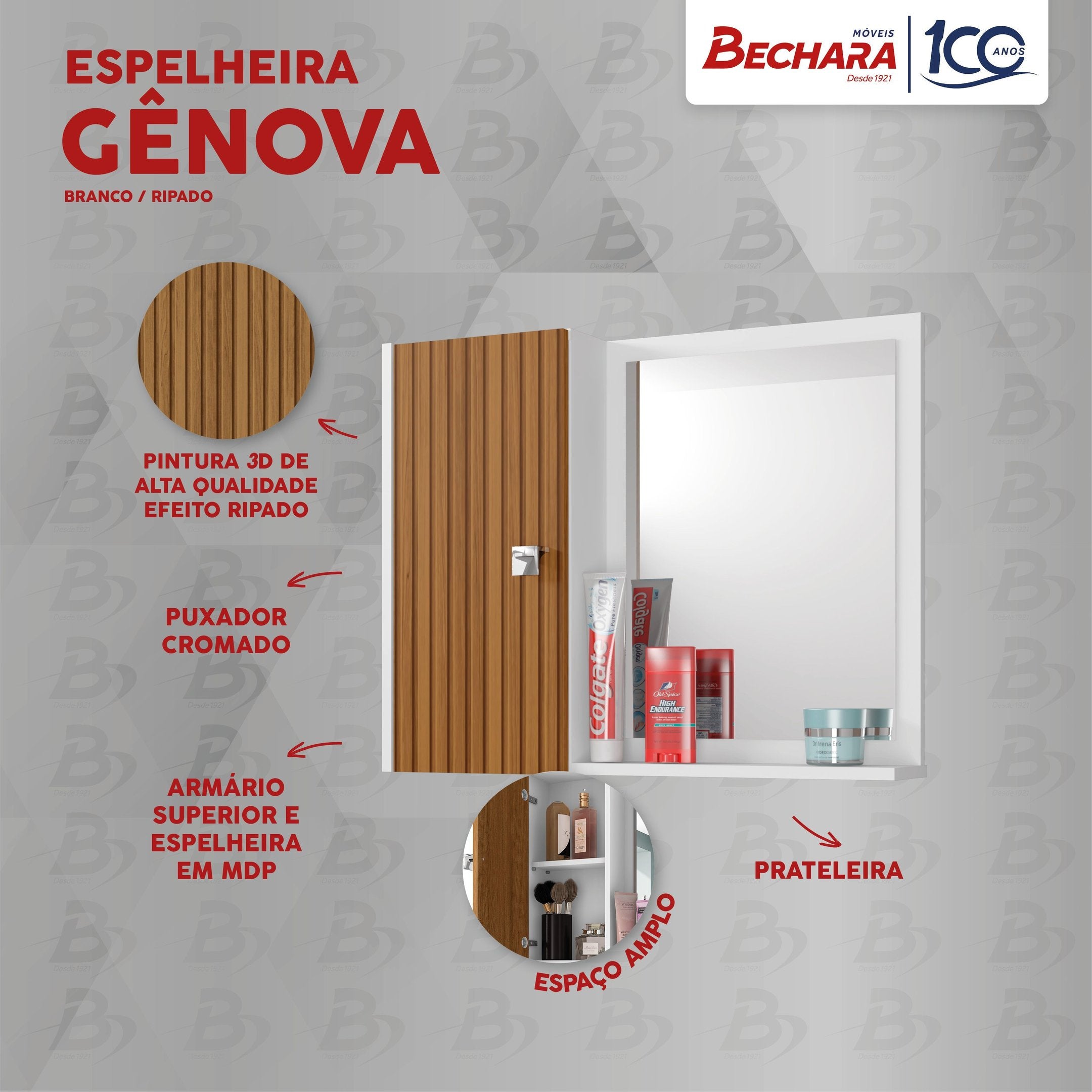 Espelheira para Banheiro Móveis Bechara Gênova 1 Porta 2 Prateleiras 57,2cm Branco/Ripado