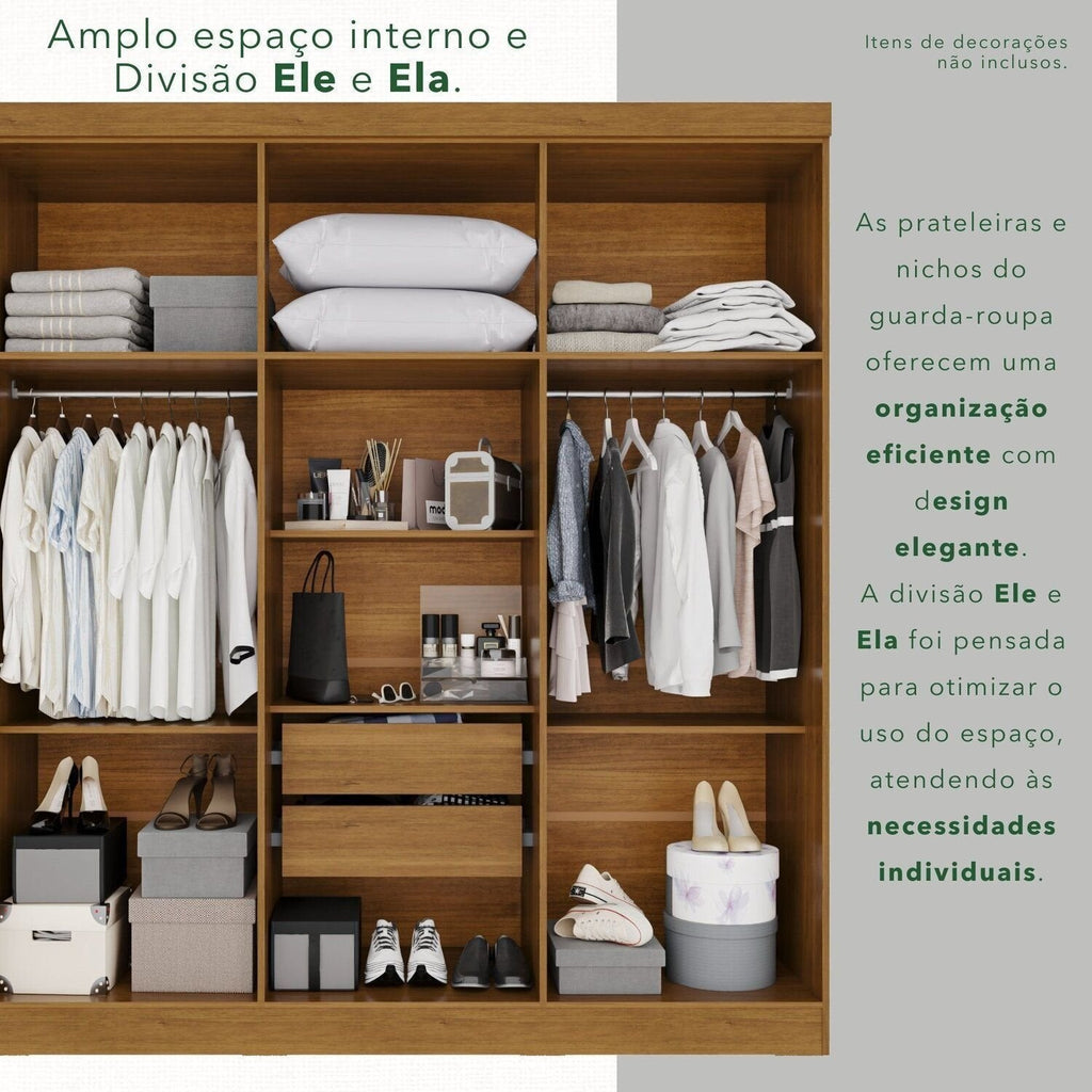 Guarda-Roupa Casal Reflecta com LED 6 Portas 2 Gavetas França Sallêto Móveis Off White/Cinamomo