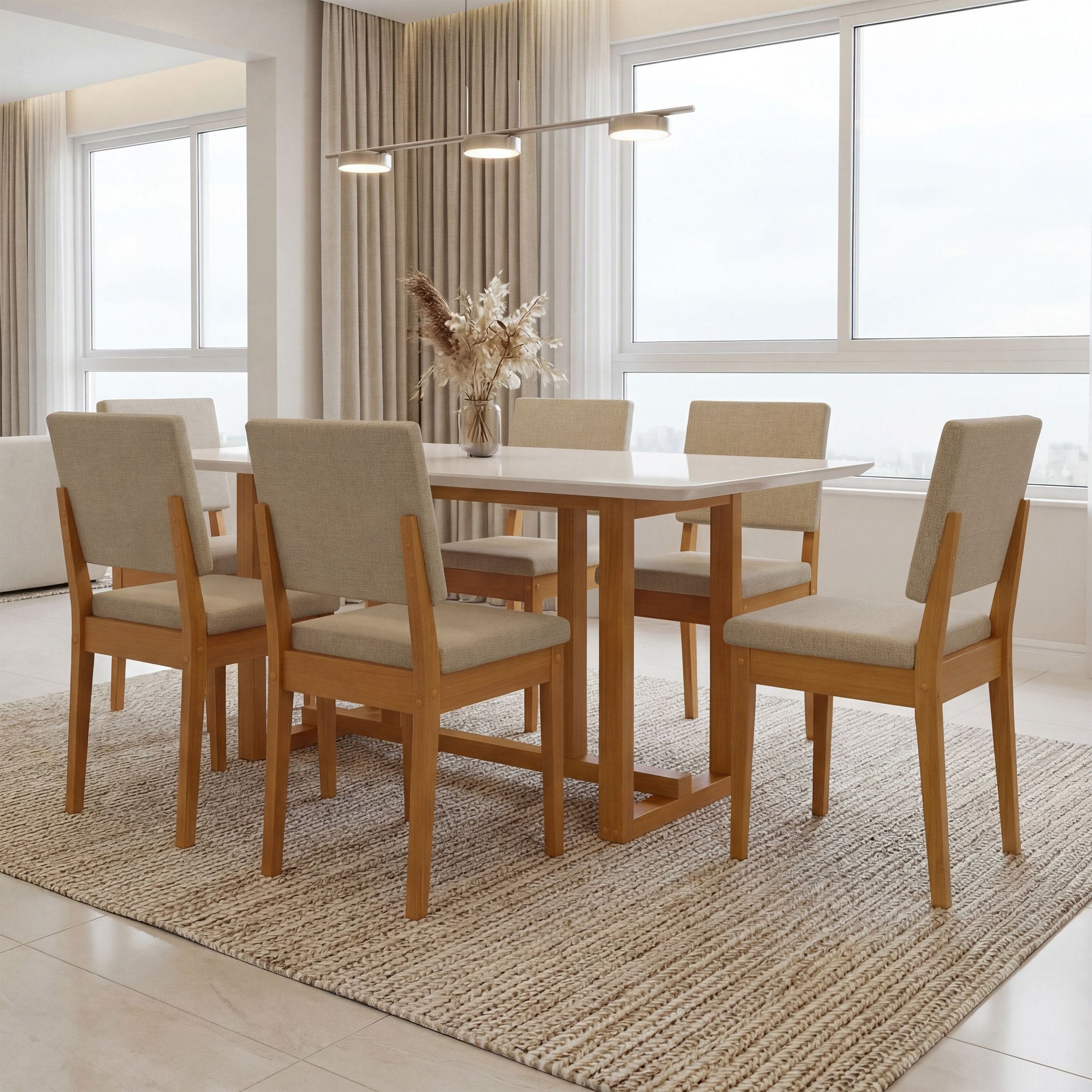 Conjunto Sala de Jantar Filadélfia 6 Cadeiras Tampo de Vidro Madeira Maciça Cerejeira/Palha Móveis Meneghetti 971508