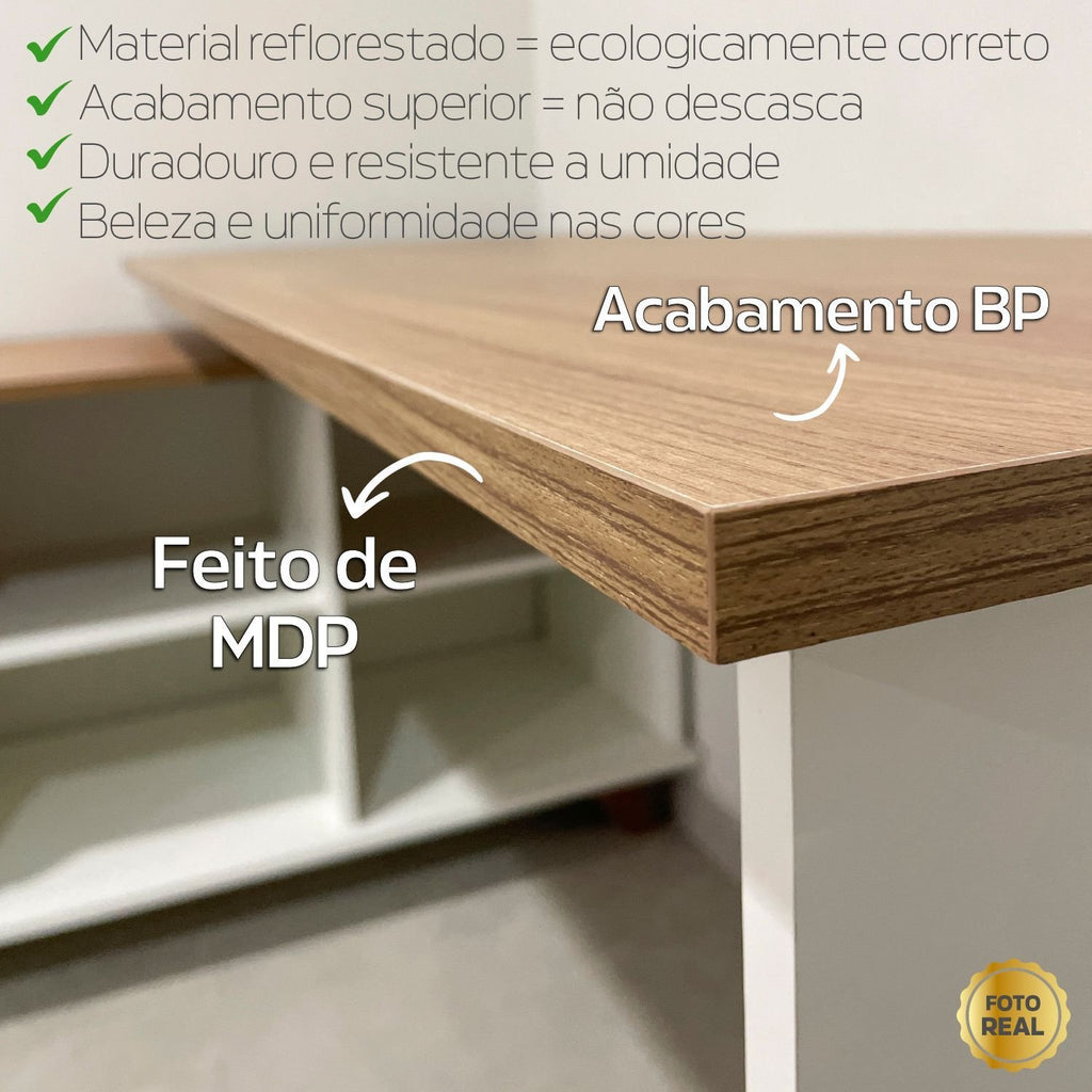 Escrivaninha Retrô em L Mesa Escritório e Home Office 2 Gavetas 5 Nichos 145cm Artany