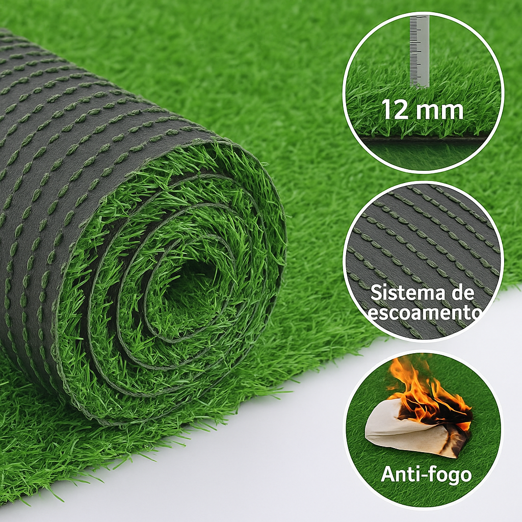 Grama Sintética Artificial 12mm 30m² com Proteção UV e Anti-Fungo 2,00 x 15,00m Eurogramas