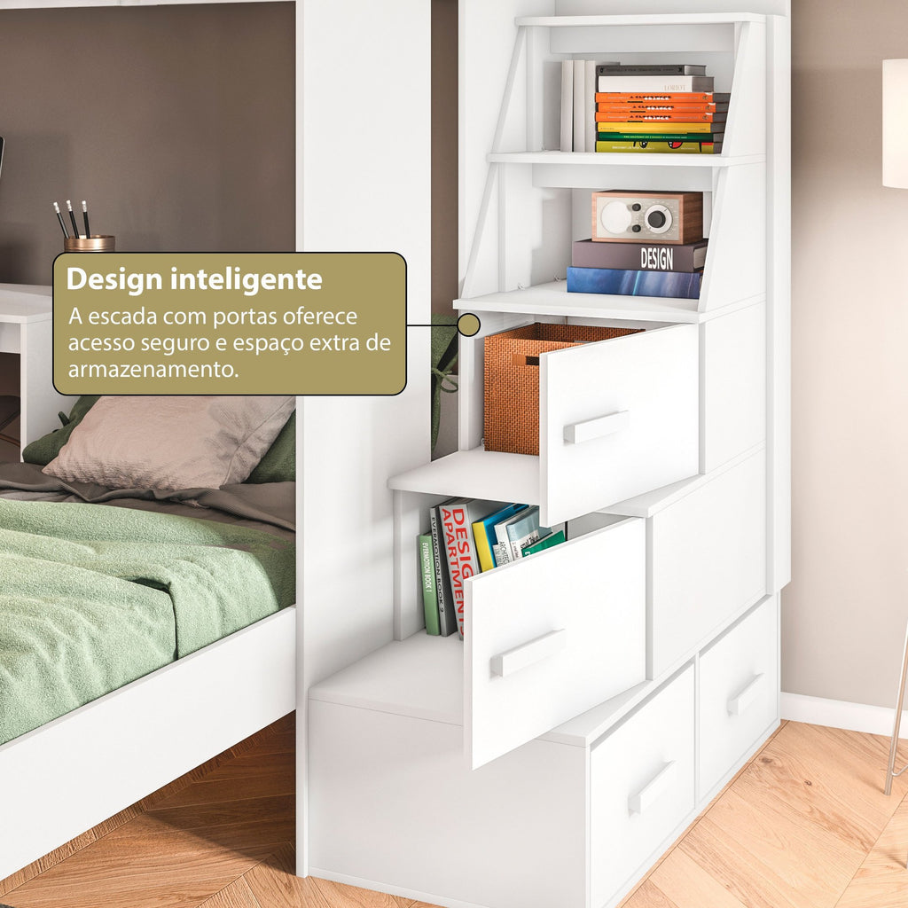 Beliche Office Adulto Moon com Escrivaninha em L Nichos e Escada 2 Portas e 2 Gavetas Yescasa Branco