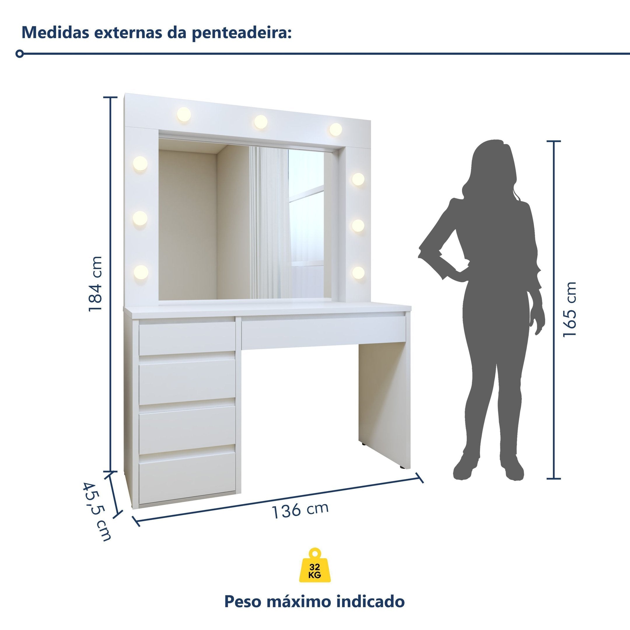 Penteadeira Camarim com Espelho e Lâmpada 5 Gavetas Anne Mavaular Branco Acetinado