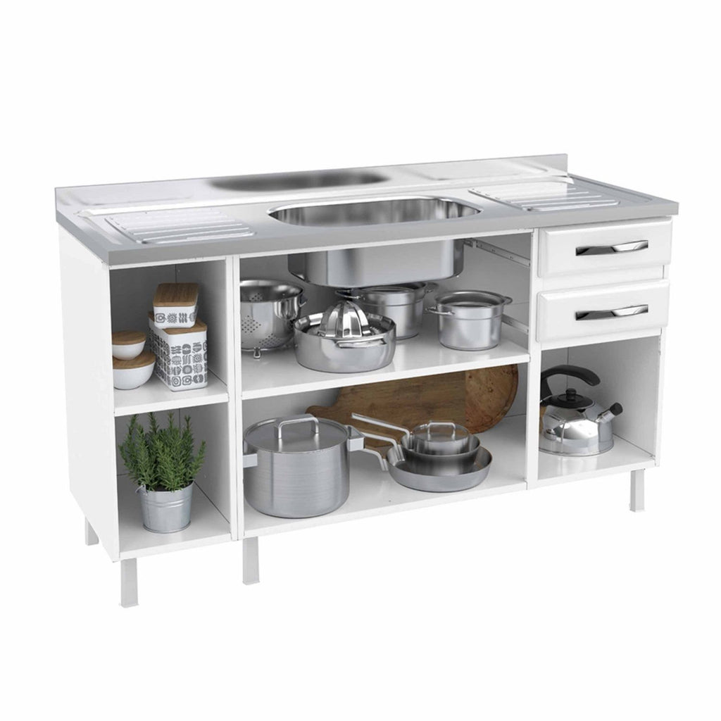 Balcão de Cozinha para Pia em Aço 2 Portas 2 Gavetas com Nichos 150cm Star New Telasul Branco