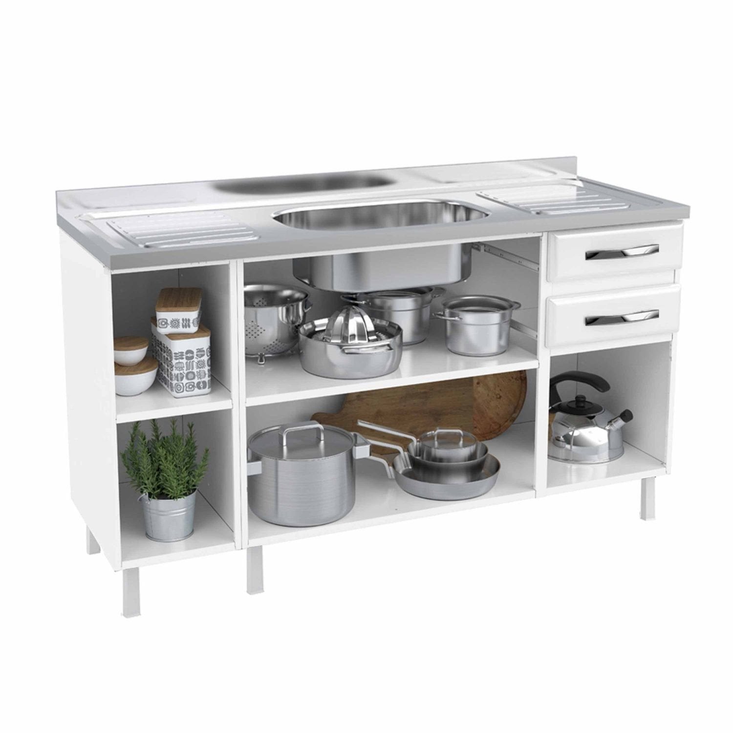 Balcão de Cozinha para Pia em Aço 2 Portas 2 Gavetas com Nichos 150cm Star New Telasul Branco