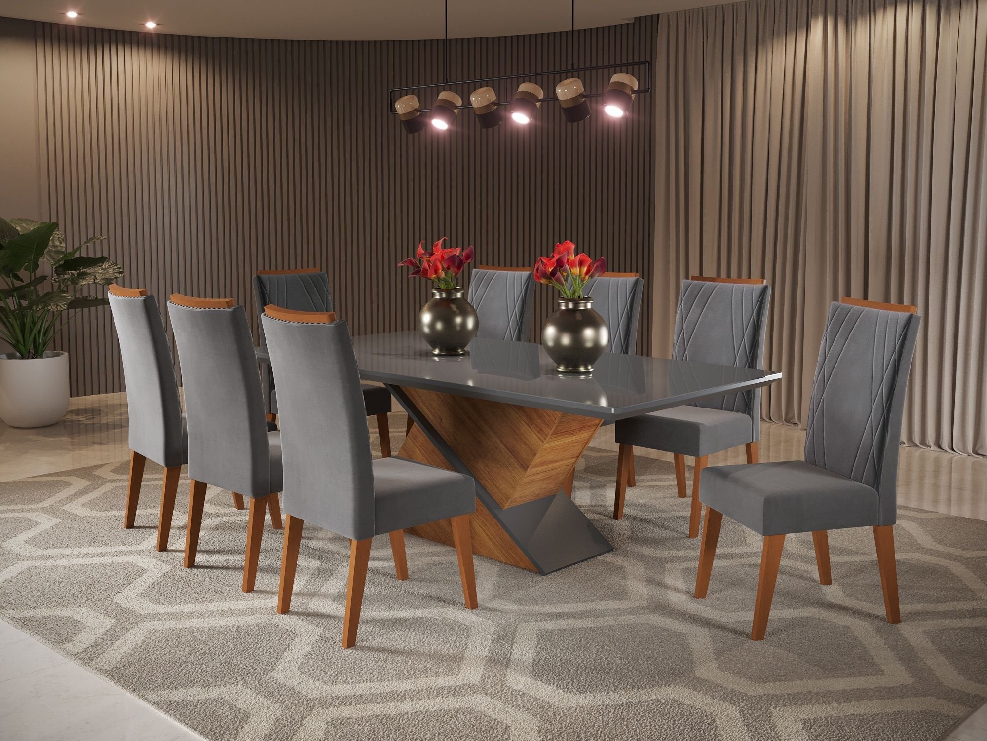 Mesa de Jantar Retangular Pipa com 8 Cadeiras Madeira Maciça Vegas Yescasa Cinza/Mel/Grafite
