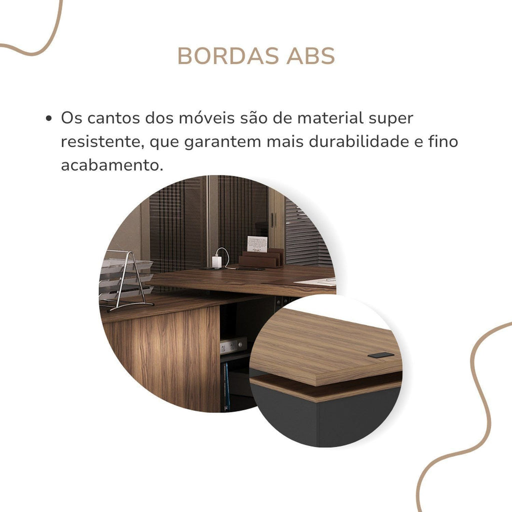 Escrivaninha Mesa Escritório em L com Caixa de Tomada Tamburato Estação Diretoria 202,5cm Marrom Artany