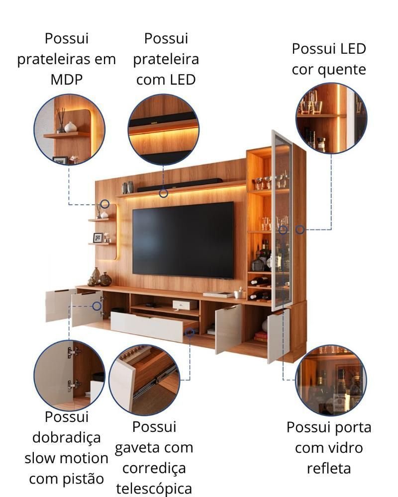 Estante Home Noble 270cm para TV até 75” com Cristaleira, Torre com LED e Portas Reflecta em MDP Movelove