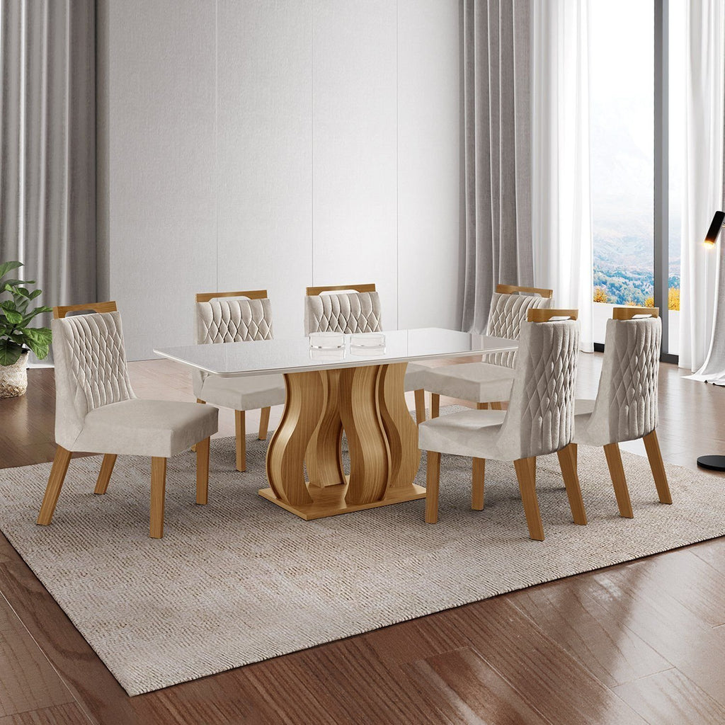 Conjunto Sala de Jantar Mesa Retangular Tampo Vidro/MDP com 6 Cadeiras Atena Estofadas Suede Espresso Móveis Castanho/Cinamomo/Bege Marrom/Pena/Off White