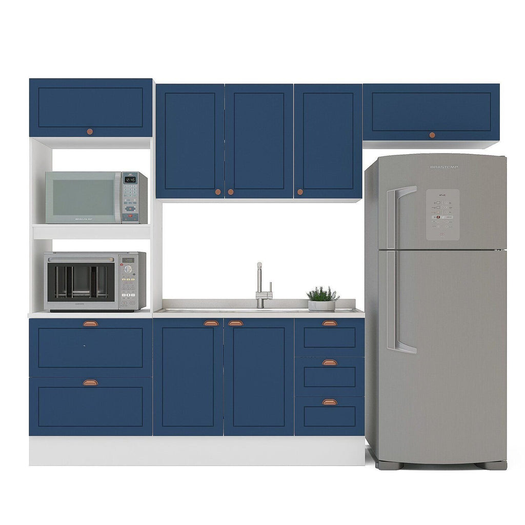 Cozinha Completa Modulada Pérola 4 Peças Torre Quente Aéreo 3 Portas Balcão 2 Gavetas Basculante Azul/Branco 270,2x219,4x52cm