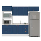 Cozinha Completa Modulada Pérola 4 Peças Torre Quente Aéreo 3 Portas Balcão 2 Gavetas Basculante Azul/Branco 270,2x219,4x52cm