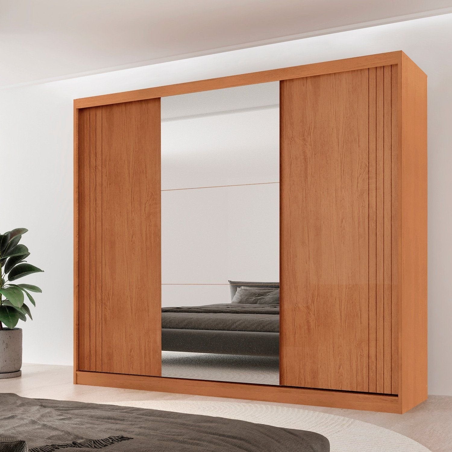 Guarda-Roupa Casal 100% MDF 3 Portas de Correr 4 Gavetas 6 Prateleiras com Espelho Chile Rufato Off White/Marrom