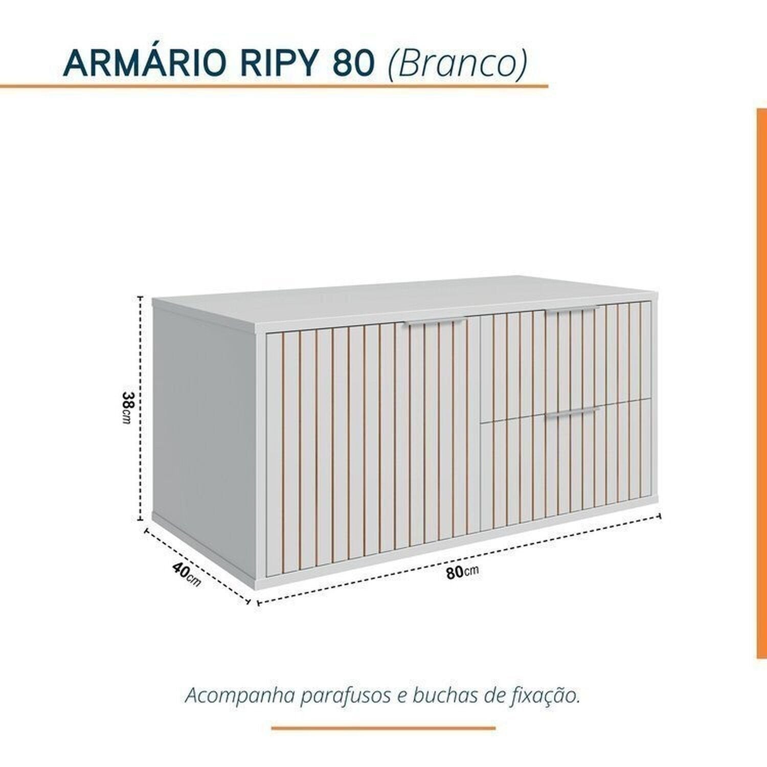 Conjunto para Banheiro Bancada em Porcelanato com Cuba Esculpida, Armário e Espelheira Ripy Bumi 80cm Branco