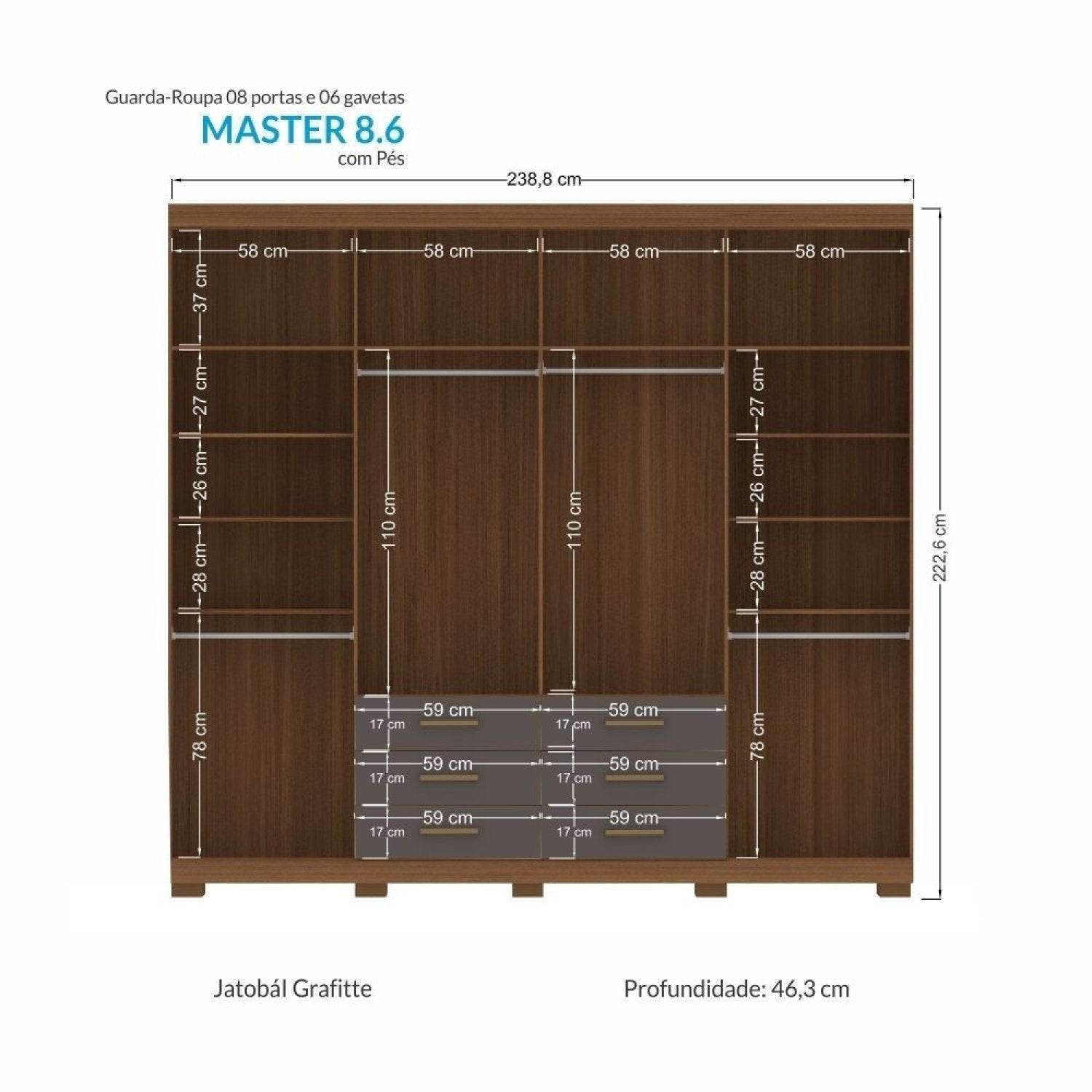 Guarda-Roupa Casal 8 Portas 6 Gavetas Master Santos Andirá MDP Cinza/Jatobá/Grafite