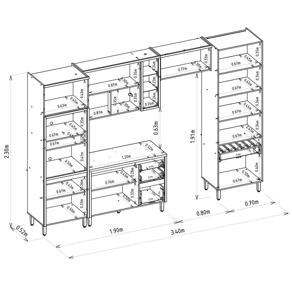 Cozinha Completa Modulada 5 Peças com Torre Quente e Cristaleira Allure Marrom/Jequitibá/Gris Fosco Linea Brasil