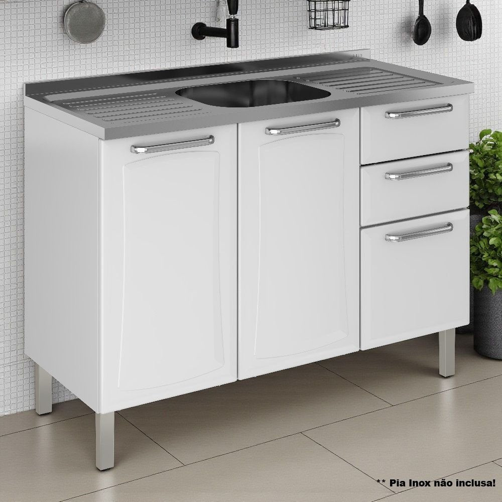 Balcão Cozinha em Aço 3 Portas 2 Gavetas 120cm sem Tampo Dobradiças Slow Motion Tarsila Itatiaia Branco