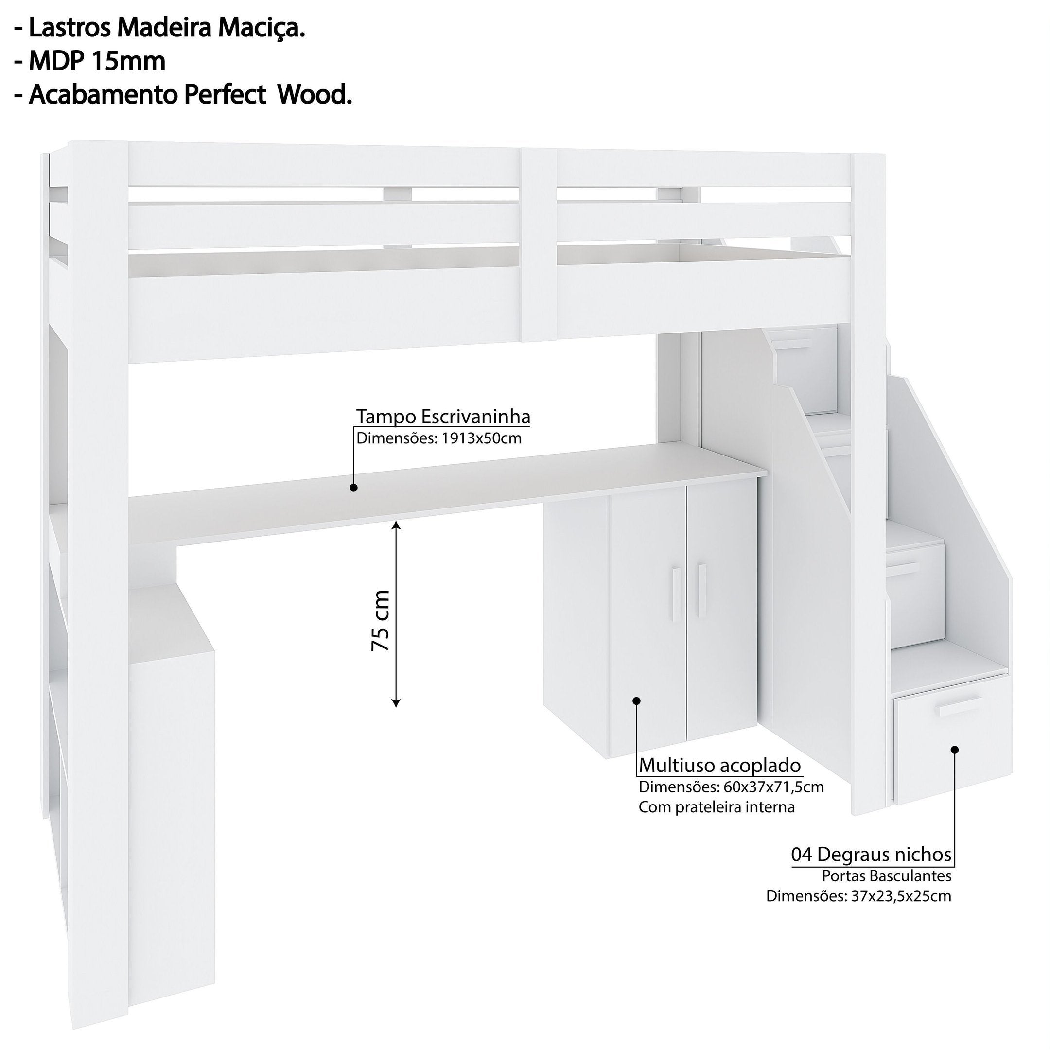 Cama Office Multifuncional Solteiro Adulto Star Plus Casatema MadeiraOriginals Branco