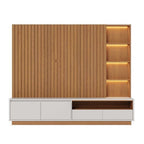 Conjunto Sala de Estar Home Theater Ripado para TV até 82 Polegadas 240cm com LED Cristaleira e Buffet 4 Portas Colibri Marrom Freijó/Off White Matte