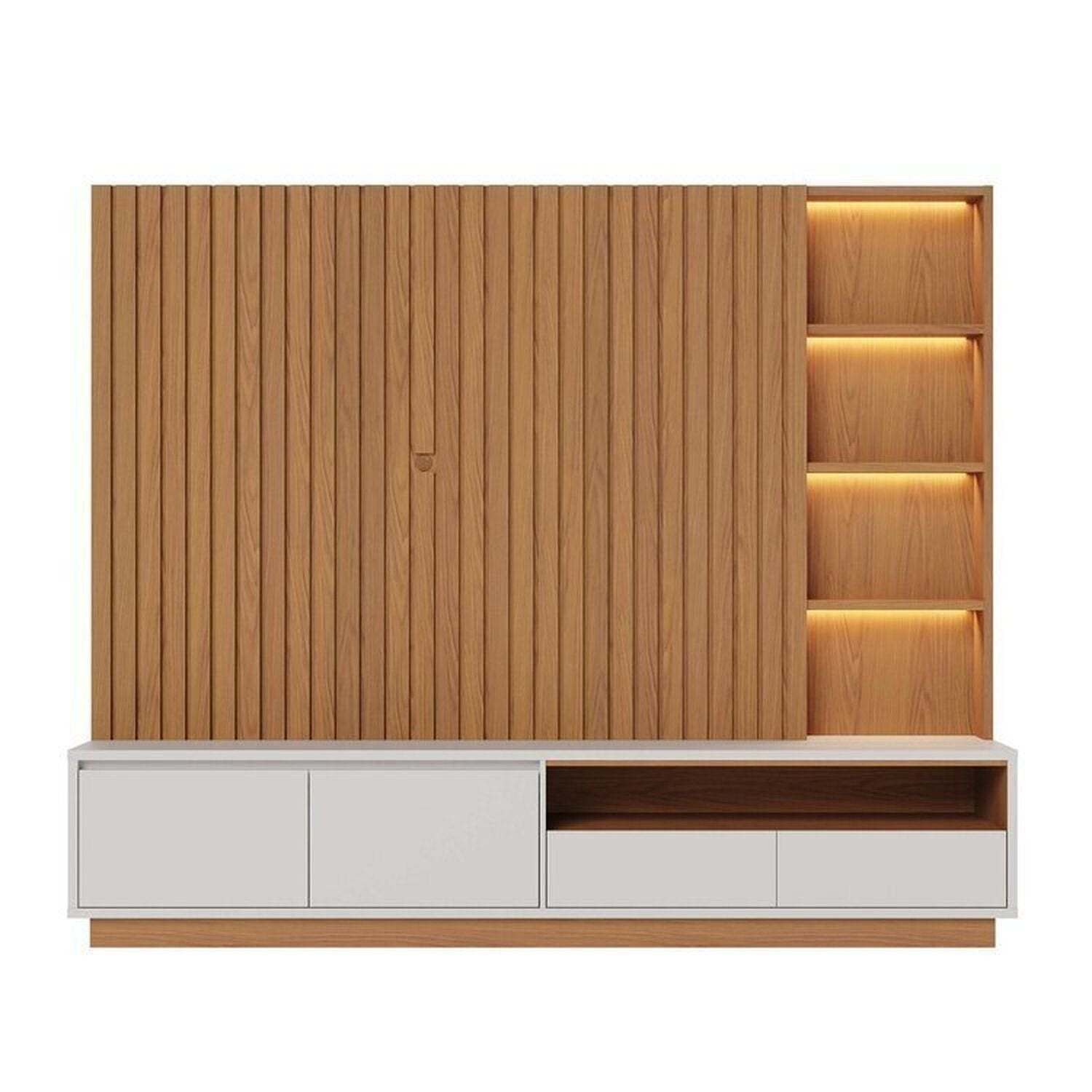 Conjunto Sala de Estar Home Theater Ripado para TV até 82 Polegadas 240cm com LED Cristaleira e Buffet 4 Portas Colibri Marrom Freijó/Off White Matte
