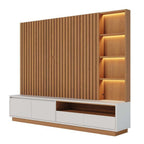 Conjunto Sala de Estar Home Theater Ripado para TV até 82 Polegadas 240cm com LED Cristaleira e Buffet 4 Portas Colibri Marrom Freijó/Off White Matte