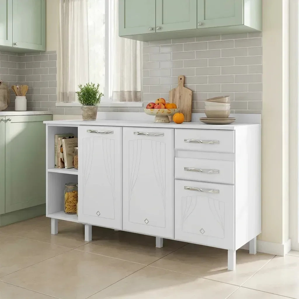 Balcão de Cozinha para Pia em Aço 2 Portas 2 Gavetas com Nichos 150cm Star New Telasul Branco