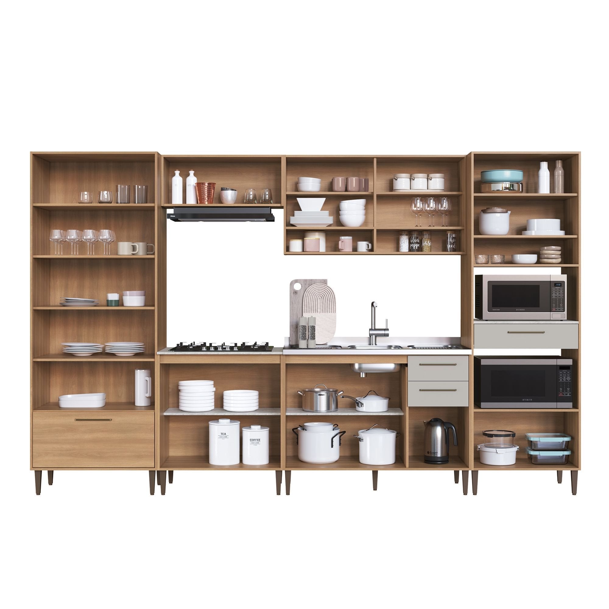 Cozinha Modulada Completa 6 Peças Cristaleira 12 Portas 3 Gavetas Jade Marrom/Freijó/Arenas Delmarco Móveis
