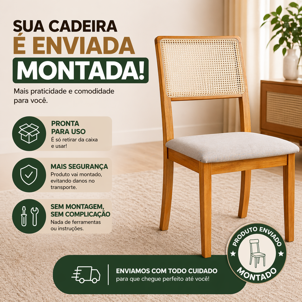 Kit 4 Cadeiras de Jantar Palha Estofada Linho Encosto em Tela Sextavada Rubi Madeira Maciça