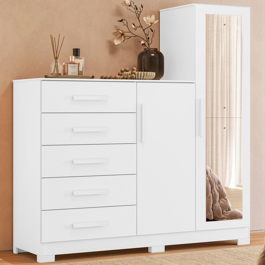 Cômoda para Quarto 5 Gavetas 2 Portas com Espelho New Master Albatroz Móveis Branco