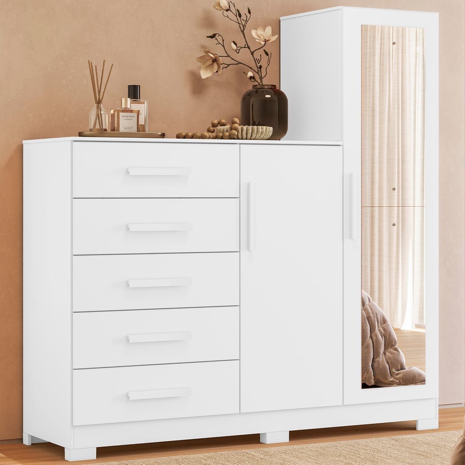Cômoda para Quarto 5 Gavetas 2 Portas com Espelho New Master Albatroz Móveis Branco
