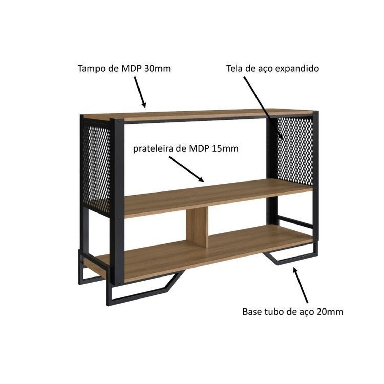 Conjunto Sala de Estar Completa Rack TV 60 Polegadas, Estante e Aparador Industrial Telado Marrom Espresso Móveis