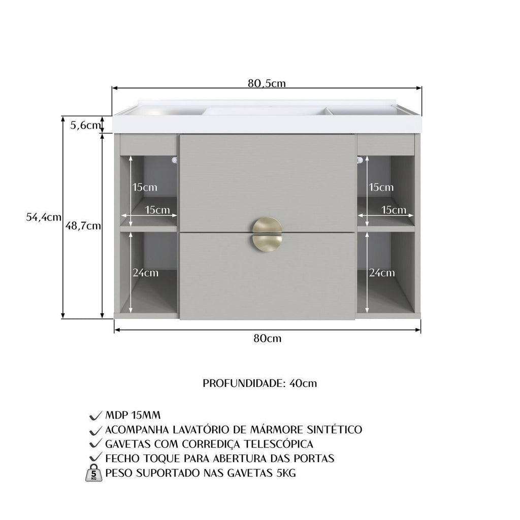 Conjunto para Banheiro Gabinete Suspenso com Cuba e Espelheira Yescasa CJ8070 80cm Bege/Arenas