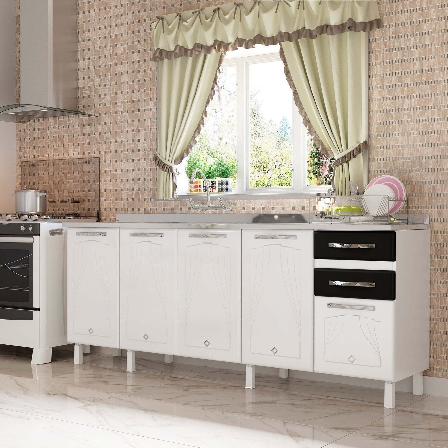 Balcão de Cozinha em Aço 5 Portas 2 Gavetas sem Tampo 200cm Star New Telasul Branco