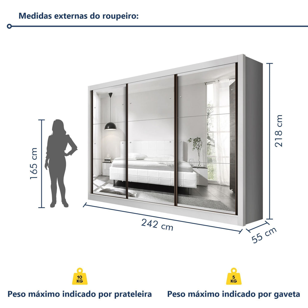 Guarda-Roupa Casal 3 Portas 6 Gavetas com Espelho Premium Lux Yescasa MDP Branco 242cm